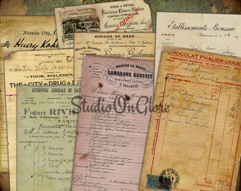 Old Receipts Printable Collage Sheet. 8 shabby hang tags. Ephemera for Scrapbook, Junk Journal, Decoupage, Trading & Greeting card supply