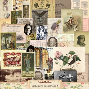 Vintage druckbare Ephemera Kit für Junk Journal, Kartenherstellung, Papierbasteln. Digital Download Collage Sheets mit Individuellen Illustrationen