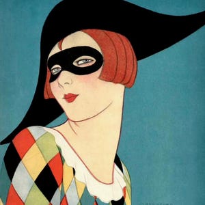 May include: A print illustration featuring a person with reddish-brown hair wearing a wide-brimmed black hat, a black eye mask, and a colorful harlequin-patterned top with a white ruffled collar against a teal background. The text Massaguer 1924 is visible.
