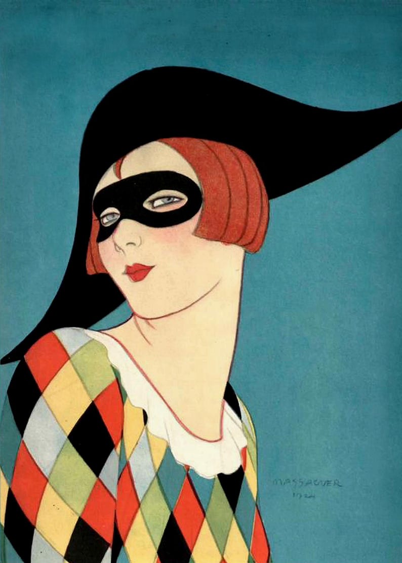 May include: A print illustration featuring a person with reddish-brown hair wearing a wide-brimmed black hat, a black eye mask, and a colorful harlequin-patterned top with a white ruffled collar against a teal background. The text Massaguer 1924 is visible.