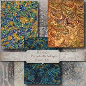 May include: A selection of vintage marble endpapers with swirling patterns in blue, gold, green, and brown. The image includes text that reads "Studio On Glore Vintage Marble Endpapers 15 pages - 21.59cm x 27.94cm".