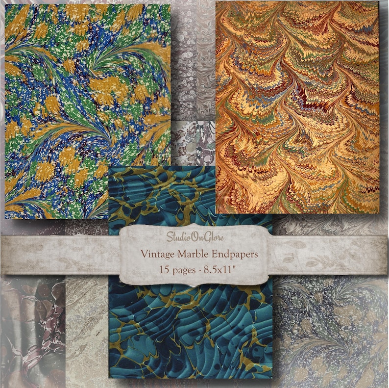 May include: A selection of vintage marble endpapers with swirling patterns in blue, gold, green, and brown. The image includes text that reads "Studio On Glore Vintage Marble Endpapers 15 pages - 21.59cm x 27.94cm".