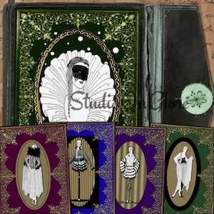 Erte': Vintage 1918 Harpers Bazaar - Folha de colagem digital Art Déco e Nouveau. Cartão de felicitações para impressão, diário indesejado, etiquetas penduradas, Mardis Gras