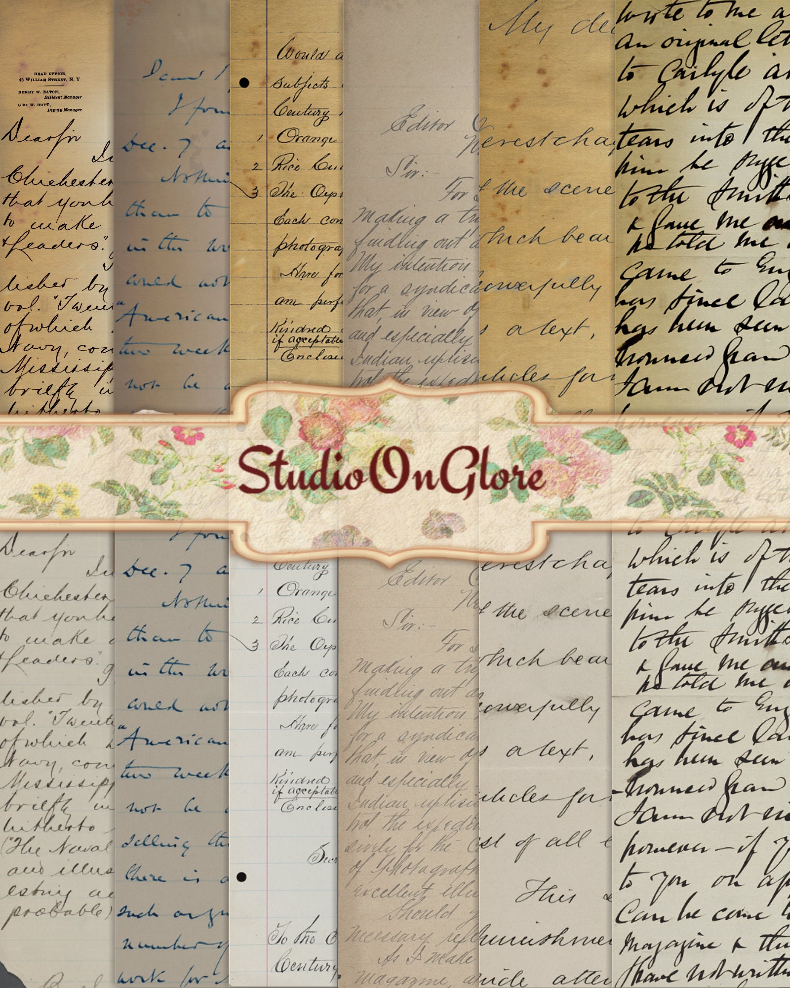 Old Handwriting Antique Script Ephemera. Printable 12-pc Digital Pape…