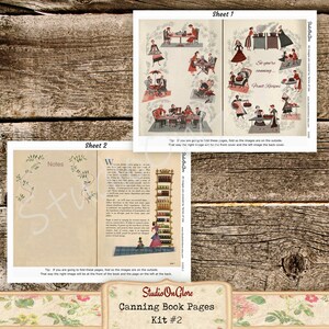 May include: Two printable sheets of vintage canning book pages with illustrations of women canning fruit. The pages are titled "Sheet 1" and "Sheet 2" and include the text "So you're canning... Fruit Recipes".