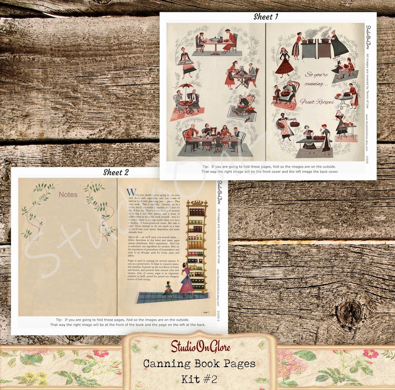 May include: Two printable sheets of vintage canning book pages with illustrations of women canning fruit. The pages are titled "Sheet 1" and "Sheet 2" and include the text "So you're canning... Fruit Recipes".