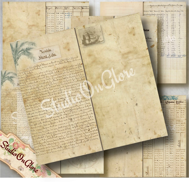 Travelers Notebook Captain's Diary Ephemera Kit. 10 Digital Fauxdori Pages, 3 Liners. Printable Antique Paper TN, Junk Journal, Scrapbooking image 2