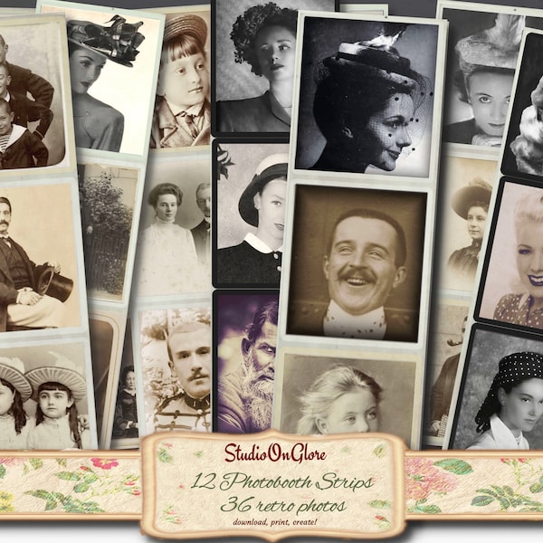 Vintage Photobooth Strips. 36 Printable antique photos on 12 strips / 3 collage sheets for Junk Journals, Scrapbooks, Decoupage, Card Making