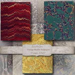 May include: A selection of vintage marble endpapers with diverse patterns and hues. The papers feature red, gold, and teal designs. The label states "Studio On Glore Vintage Marble Endpapers 15 pages - 21.6x27.9cm".