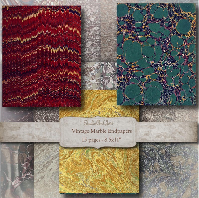 May include: A selection of vintage marble endpapers with diverse patterns and hues. The papers feature red, gold, and teal designs. The label states "Studio On Glore Vintage Marble Endpapers 15 pages - 21.6x27.9cm".