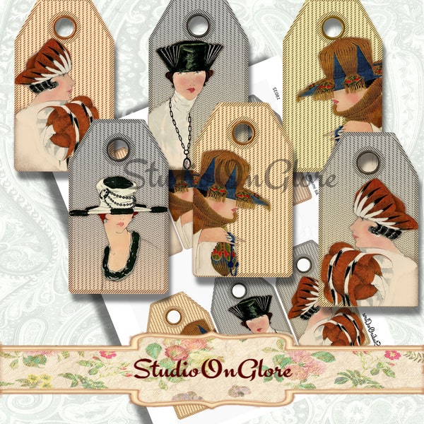 1918 Vintage Hats (6) -  Millinery Hang Tags to Print, Art Deco Fashion Ephemera, Gift Tags, Jewelry Cards, Junk Journal Collage Sheet