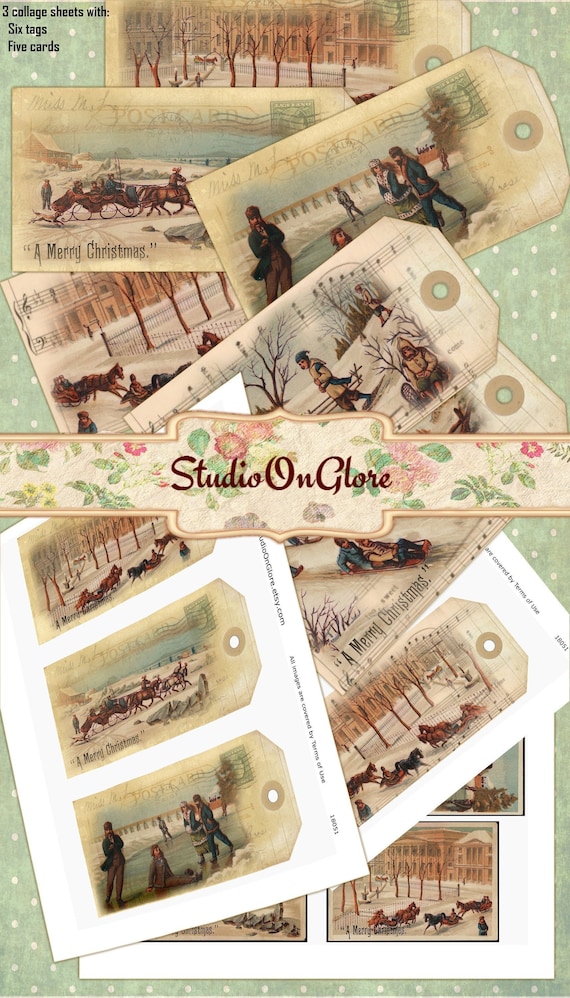 Vintage Christmas - 11 Printable Greeting Cards & Gift Hang Tags for Junk Journals, Scrapbooking. Retro Ephemera, Downloadable Collage Sheet