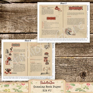 May include: A printable set of vintage canning book pages with illustrations and recipes for making fruit butters, conserves, jelly, and fruit juices. The pages are labeled "Sheet 5" and "Sheet 6" and include the text "Studio On Glore Canning Book Pages Kit #2".