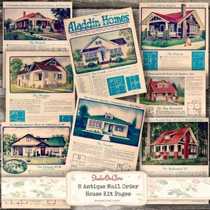 Kit antiek huis. 8 cataloguspagina's vintage postorderhuisplattegrond. Afdrukbare ephemera voor ongewenste tijdschriften, scrapbooking, decoupage.