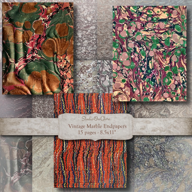 May include: A selection of vintage marble endpapers with diverse patterns and colours. The image displays 15 pages, each measuring 21.6 x 27.9 cm, featuring swirling designs in green, brown, red, and blue. The text "Vintage Marble Endpapers" is present.