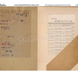 Op de afbeelding: Een vintage, bruine papieren kaart met een gedrukt formulier voor "KOCH BOOKS IN THE WAR" van de American Library Association. Het formulier bevat velden voor datum, naam, bedrijf of schip en regiment of station.