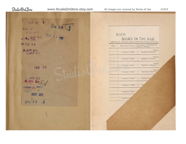 Op de afbeelding: Een vintage, bruine papieren kaart met een gedrukt formulier voor "KOCH BOOKS IN THE WAR" van de American Library Association. Het formulier bevat velden voor datum, naam, bedrijf of schip en regiment of station.