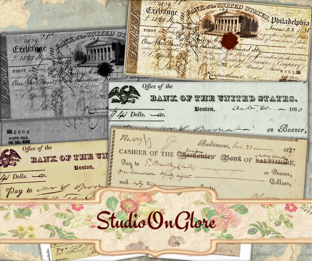 Vintage Banking Printables 6 Checks on Two Collage Sheets. Ephemera