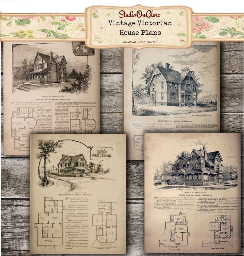 Victorian House Plan Prints: 1887 Antique Architecture Ephemera ...