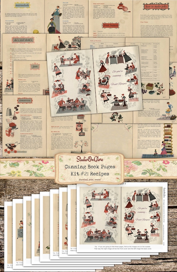 Homemaker Fruit Canning Recipes. Booklet Pages. Digital Ephemera Kit. Nine 2-page sheets + Back Liners. Junk Journal, Scrapbook, Decoupage
