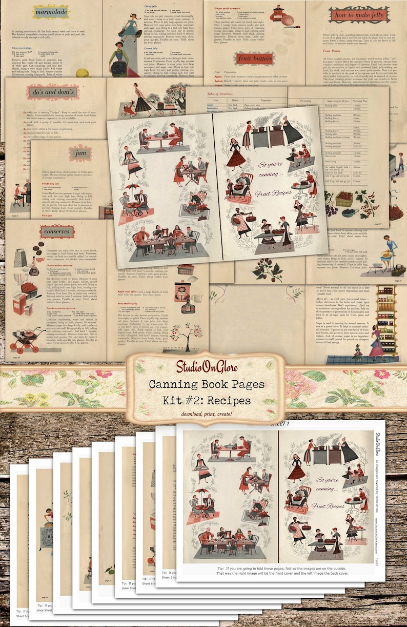 May include: A vintage-style printable set of canning book pages with illustrations of people canning fruit. The pages feature recipes for marmalade, jam, conserves, fruit butters, and jelly. The title of the set is "Canning Book Pages Kit #2: Recipes".