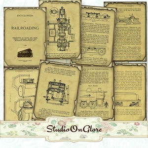 Enciclopedia de Ferrocarriles de 1910. Ilustraciones de trenes imprimibles. 8 tarjetas ACEO imprimibles. Material efímero para revistas de colección, scrapbooking y decoupage.