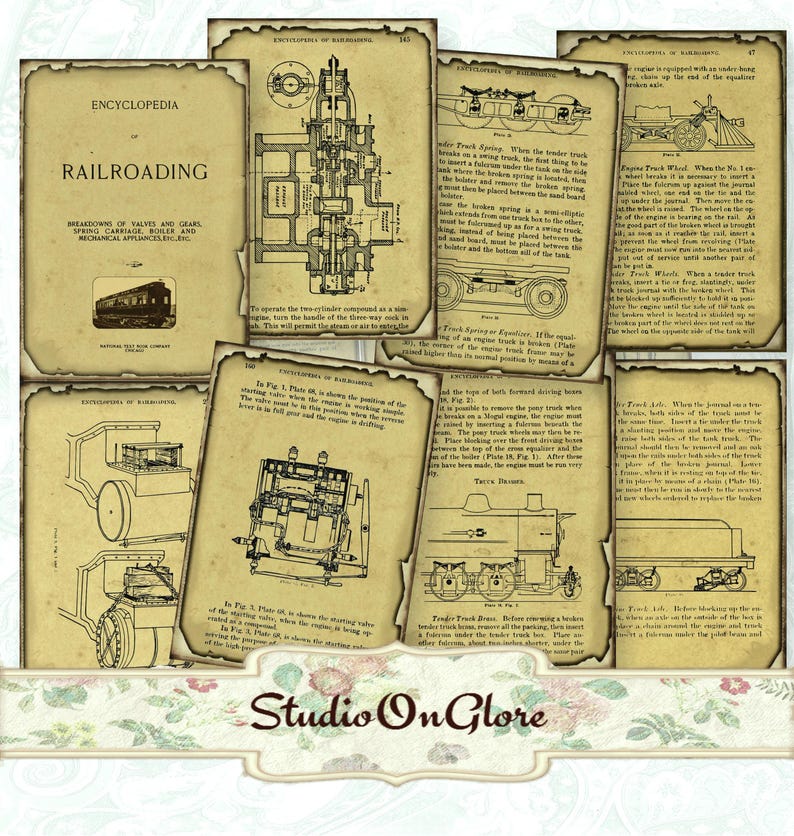 May include: Vintage illustrations from an encyclopedia of railroading. The pages are yellowed with age and feature detailed line drawings of train engines, wheels, and other mechanical parts. The text describes the function of each part and includes the title "Encyclopedia of Railroading".