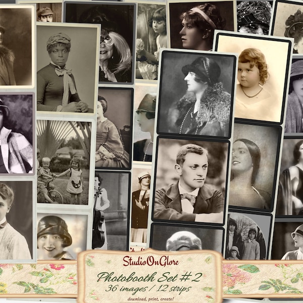 Vintage Photobooth Strips. 36 Printable antique photos on 12 strips / 3 collage sheets for Junk Journals, Scrapbooks, Decoupage, Card Making