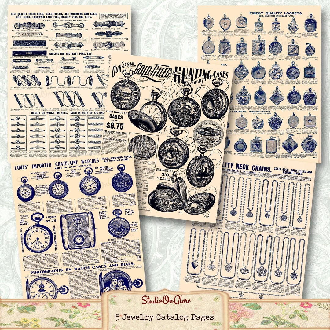 5 Vintage Catalog Pages Featuring Victorian Jewelry. 1902 Printable