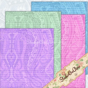 Doublé vintage Pashmina Paisley - Bright Pastel Digital 8.5x11 Paper Pack. Pour les journaux indésirables, la fabrication de cartes, les albums de coupures, la papeterie, les arrière-plans