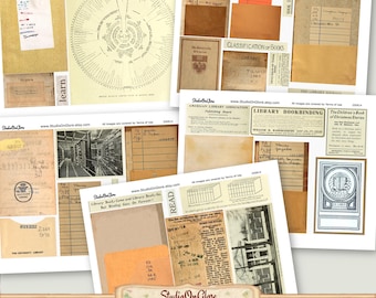 May include: A collage of vintage library ephemera, including book pages, index cards, and journal entries. The items are in shades of beige, brown, and cream, with some text visible. The collage includes the text "Library Books Come and Library Books Go, But Binding Goes On Forever!"