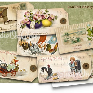 Etichette pasquali scandinave nostalgiche - 6 stampabili vintage per diari spazzatura, decoupage, creazione di cartoline, etichette, confezioni regalo, scrapbooking