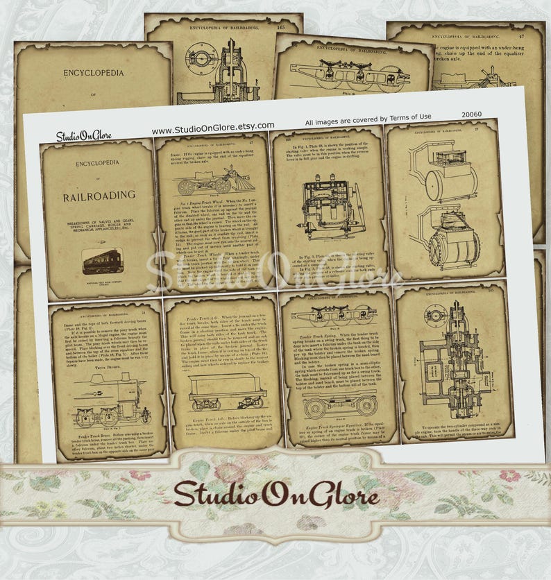 May include: A vintage, sepia-toned illustration of a steam locomotive engine. The image is from an encyclopedia of railroading and includes detailed drawings of the engine's components. The text on the page reads "Encyclopedia of Railroading" and "Encyclopedia of Railroading".