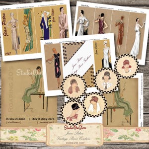 Vintage Jean Patou Paris modeontwerpen met opgestikte zakken afdrukbare Ephemera Kit | Retrokaarten en -cirkels | Junkjournaal, plakboek, decoupage
