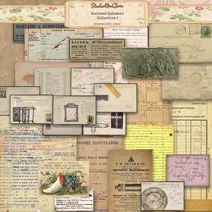 May include: A collection of vintage ephemera, including business cards, advertisements, and handwritten notes. The ephemera features a variety of colours and designs, including a green and gold griffin, a yellow and red coupon, and a black and white illustration of a cross. The ephemera is perfect for scrapbooking, card making, and other crafting projects.