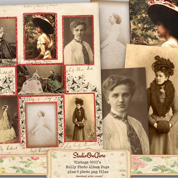 Vintage Photo Album Page featuring Victorian Ladies. Printable antique page and photos for Junk Journals, Scrapbooks, Decoupage, Card Making