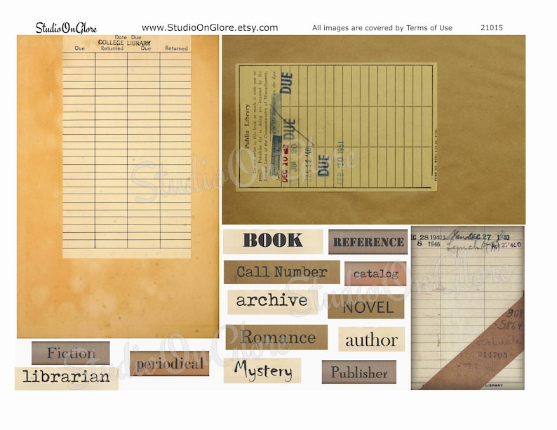 Op de afbeelding: Een digitale collage van vintage bibliotheekkaartontwerpen. De collage bevat een bibliotheekkaart met de tekst "DUE" en een bibliotheekkaart met de tekst "REFERENCE". De collage bevat ook een bibliotheekkaart met de tekst "BOOK" en een bibliotheekkaart met de tekst "NOVEL".
