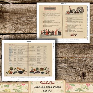 May include: A printable canning book page with a table of directions for canning different fruits and vegetables. The page includes a list of fruits and vegetables, the method of canning, the preparation instructions, the processing time, and the sugar syrup or water to use. The page also includes a colorful illustration of various fruits and vegetables.