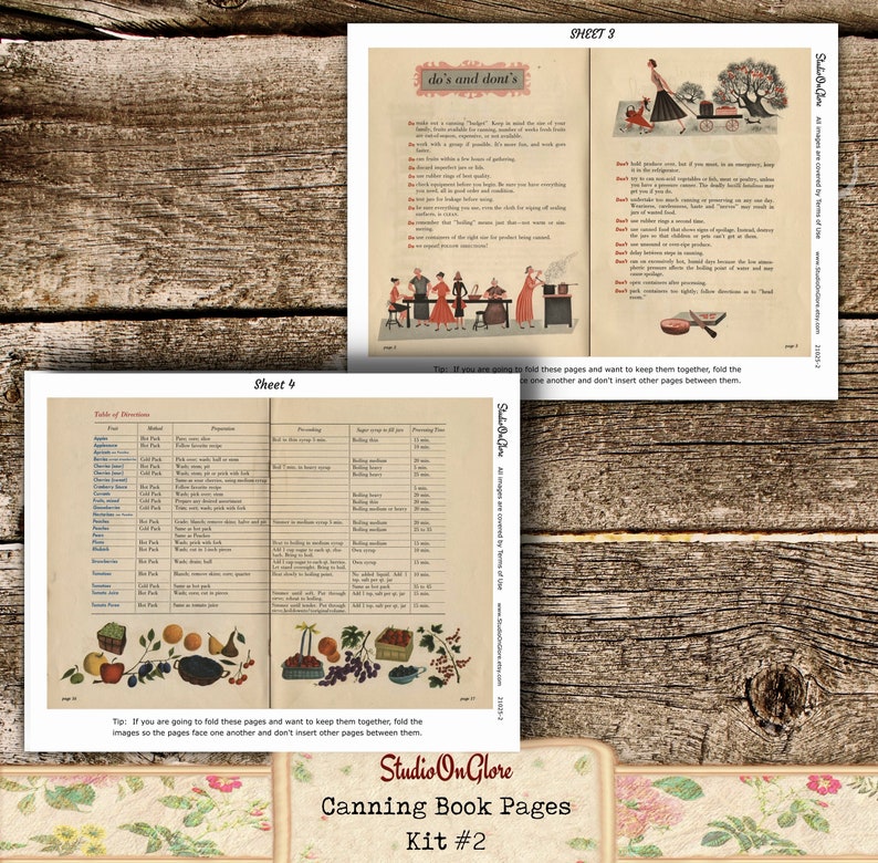 May include: A printable canning book page with a table of directions for canning different fruits and vegetables. The page includes a list of fruits and vegetables, the method of canning, the preparation instructions, the processing time, and the sugar syrup or water to use. The page also includes a colorful illustration of various fruits and vegetables.