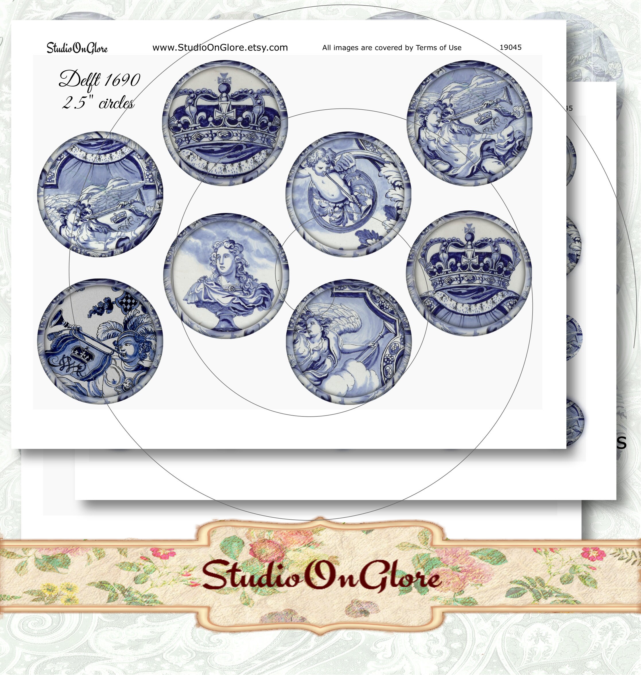 Vintage 1600's Blue/white Delft Circles - 2.5