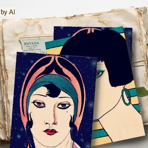 May include: Two rectangular art prints featuring stylized portraits of individuals with dark hair, bold makeup, and headwear. The foreground print shows a face against a dark blue starry background, while the partially visible print behind it features a yellow background.