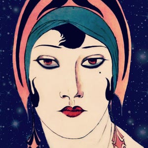 May include: A stylized illustration of a face featuring a teal and peach headpiece, dark hair accents, and red lips. The figure wears long, diamond-shaped earrings with red centers against a dark blue background filled with small white star-like dots.