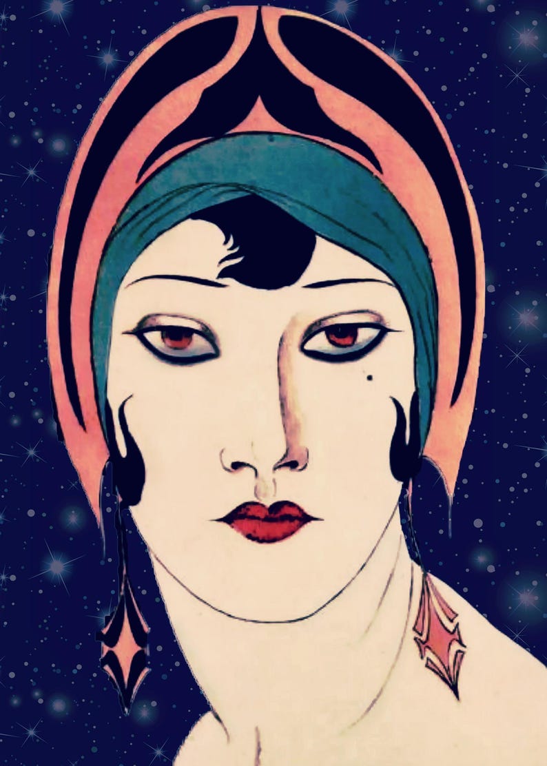 May include: A stylized illustration of a face featuring a teal and peach headpiece, dark hair accents, and red lips. The figure wears long, diamond-shaped earrings with red centers against a dark blue background filled with small white star-like dots.