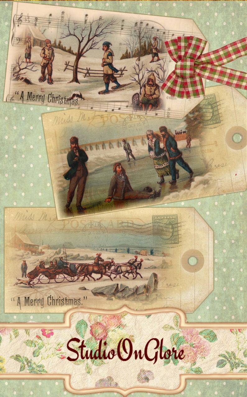 Pu&ograve; includere: Cartoline di Natale vintage con immagini di persone che pattinano sul ghiaccio, slittano e cavalcano una carrozza trainata da cavalli. Le cartoline hanno uno sfondo a pois verde e bianco e un nastro a quadri rosso e verde.