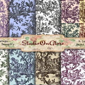 May include: A set of 8.5 x 11 inch digital paper pack featuring vintage toile tapestry designs. The designs feature black and white illustrations of people, animals, and plants on a variety of coloured backgrounds.