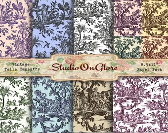 8.5x11 Toile Tapestry Digital Paper Pack with 8 sheets. Vintage Design variations for Junk Journals, Scrapbooking, Decoupage, Greeting Cards