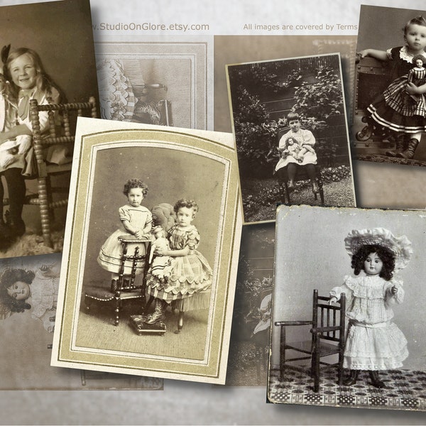 Photos antiques : 1862-1920 filles avec Kit de poupées 4. vintage imprimable des enfants et jouets pour journaux indésirables, découpage, fabrication de cartes, albums