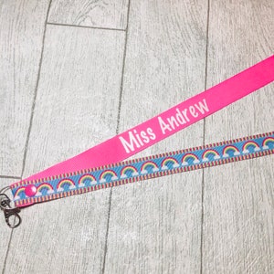 Rainbow print (blue back) Personalised Lanyard - Teacher Lanyard, Custom School Lanyard, Teacher Gift, Nursery Gift, Friend, End of Term