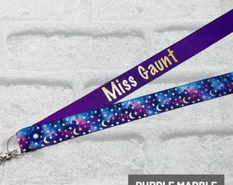 Purple Marble Moon & Star Galaxy Personalised Lanyard - Teacher Lanyard, Custom School Lanyard, Teacher Gift, Nursery, Friend, End of Term