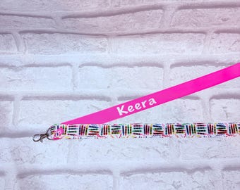 Crayon (multi) Print  Pencil Personalised Lanyard - Teacher Lanyard, Custom School Lanyard, Teacher Gift, Nursery Gift, Friend, End of Term